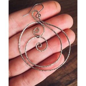 Silver Swirl Drop Dangle Ocean Hammered Earrings